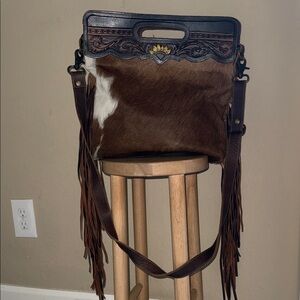 Myra Bag Brown and Tan Cow Hide Crossbody with Fringe